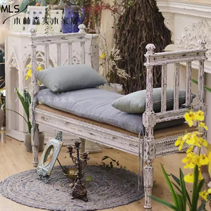 欧式法式美式乡村侘寂风床尾凳实木白色雕刻做旧床尾凳沙发凳整装