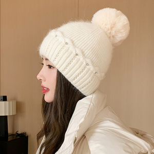 帽子女秋冬加厚保暖兔毛线帽加绒护耳针织冷帽时尚点钻毛球套头帽