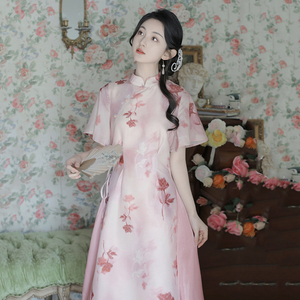 新中式国风女装嫩桃红改良旗袍裙连衣裙女气质优雅绝美碎花小裙子