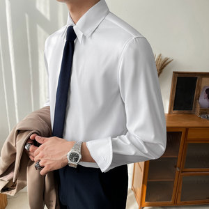 白色丝光棉双领衬衫长袖男通勤商务宴会结婚秋季高级抗皱无痕衬衣