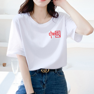 中国t恤春夏季2021新款国潮女装短袖纯棉宽松薄款白色体桖打底衫