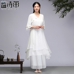 禅舞服装女套装中国风禅意仙女飘逸白色连衣裙茶服禅服大码三件套