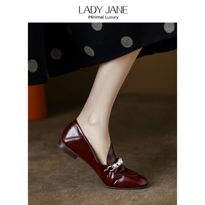 LadyJane真皮法式复古薄底水晶链条小皮鞋英伦风平底休闲单鞋女