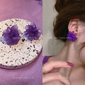 韩国东大门S925银针紫色系树脂立体花朵耳钉超仙网红时尚耳环耳饰