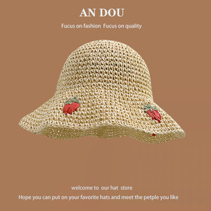 日系海边度假草莓渔夫帽女甜美可爱草编沙滩帽防紫外线时尚太阳帽