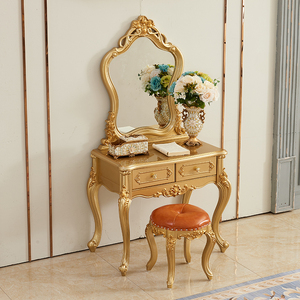 欧式梳妆台实木雕花奢华法式公主化妆桌带妆凳香槟金别墅主卧家具