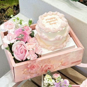 网红母亲节蛋糕装饰鲜花手提包装盒粉色大花盒妈妈节日甜品打包盒