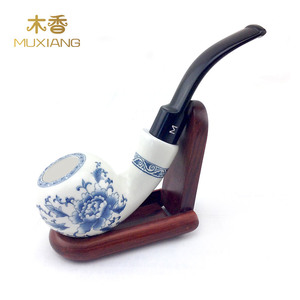 木香 手工陶瓷弯式烟斗 青花陶瓷烟具双层隔热陶瓷河豚烟斗