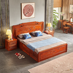 蒙地亚 刺猬紫檀双人床红木大床1.8 1.5米实木床非洲花梨木箱式床