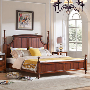 美式床全实木乡村风格原木桃花心木框架1.8米双人床主卧大床家具