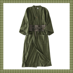 夏纯棉汉服条纹睡袍复古绿色格子睡裙浴衣宽松家居服睡衣女两件套