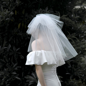 新款新娘头纱头饰多层蓬蓬纱主婚纱拍照道具领证结婚法式求婚白色