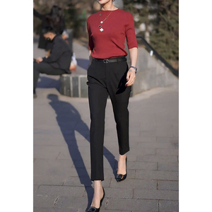红色五分袖紧身短袖T恤女黑色职业西装裤子搭配休闲通勤百搭套装