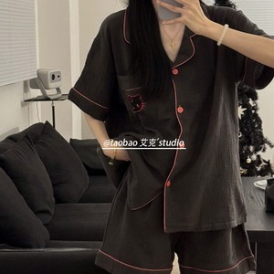 韩国卡通黑色睡衣女夏季纯棉纱布短袖薄款2024新款休闲家居服套装