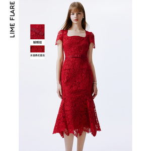 莱茵福莱尔红色婚礼蕾丝裙鱼尾裙复古蕾丝收腰新款连衣裙2024夏季