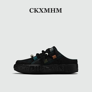 CKXMHM夏季男士帆布半拖板鞋个性图案设计感小众黑色鞋厚底防滑鞋