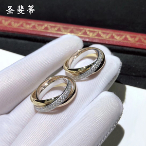 圣斐蒂18k白金三环钻石戒指玫瑰金黄金3色交叉钻戒个性气质食指环