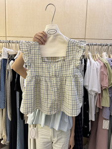 SUSAN法式甜美格子小飞袖娃娃衬衫女夏季新款宽松小个子短款上衣