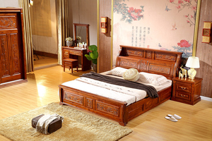 香樟木新中式实木床1.51.8米简约主卧床底下收纳箱仿古雕花储物床