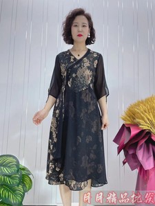 杭州品牌真丝连衣裙夏季高端气质印花V领桑蚕丝妈妈收腰显廋裙子
