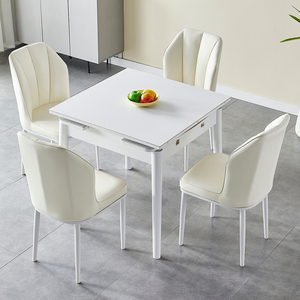 白色奶油风纯白岩板餐桌椅组合现代简约小户型家用折叠实木餐桌子
