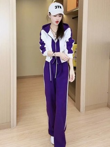 欧货紫色休闲运动套装女春秋2024新款时尚洋气高端阔腿裤两件套潮