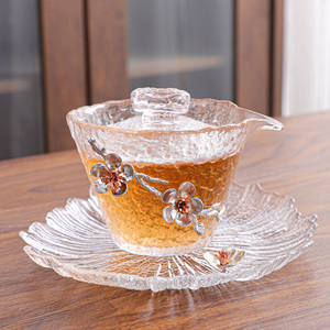 梅花玻璃盖碗茶杯公道杯透明耐热高端盖碗单个泡茶碗防烫手抓壶