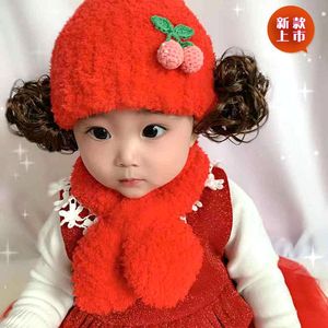 女宝宝假发帽子新款秋冬公主可爱婴儿帽子冬天加厚大红色毛线帽子
