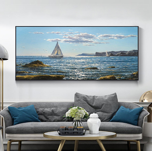 沙发背景墙壁画巨幅大海手绘装饰画海鸥风景现代客厅挂画帆船油画