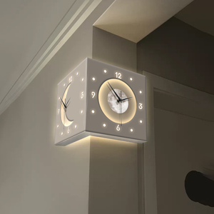 现代简约发光转角双面挂钟家用创意时钟壁灯阳角钟表led拐角壁钟