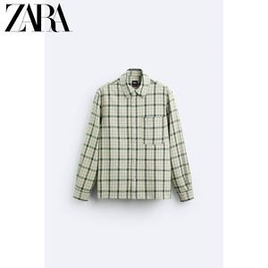 二月ZARA24春季新品男装绿色宽松格纹格子衬衫长袖外套7446410500