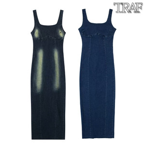 TRAF 欧美风外贸女装新款法式性感吊带开叉牛仔长款连衣裙
