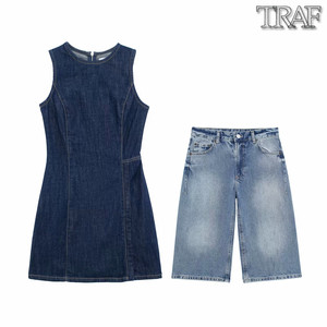 TRAF 欧美风外贸女装新款时尚牛仔连衣裙低腰休闲短裤套装