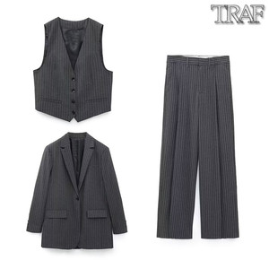 TRAF 欧美风新款外贸女装细条纹长款西装外套背心长裤套装2010823