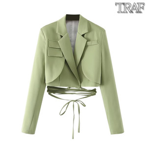 TRAF 欧美风新款外贸女装时尚百搭纯色长袖短款系绳西装外套