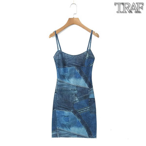 TRAF 欧美风外贸女装新款双层牛仔蓝网布印花吊带裙连衣裙