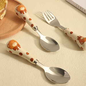 304不锈钢勺子可爱儿童吃饭叉勺调羹叉子家用宝宝喝汤餐勺小汤匙