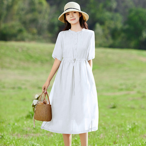高端品牌苎麻白色连衣裙大码女装2023新款夏季胖mm显瘦棉麻复古裙