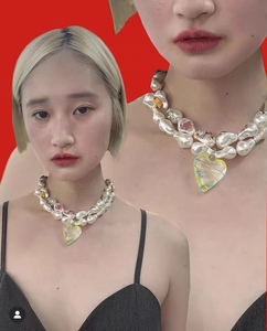 韩国设计师人造珍珠夸张小众透明爱心项链粉色绿色两色黄仁俊同款