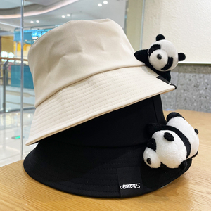 可爱立体熊猫渔夫帽女卡通小标休闲盆帽遮阳防晒春夏季潮款男帽子