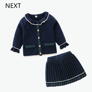 英国NEXT童装春秋季女宝宝针织开衫+百褶裙女童洋气时髦两件装装