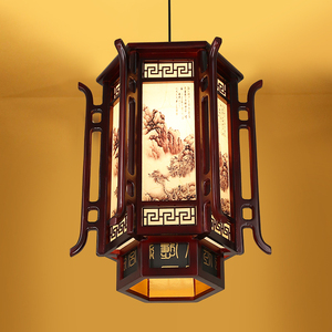 中式宫灯复古实木六角户外广告装饰灯笼别墅阳台古建筑羊皮小吊灯
