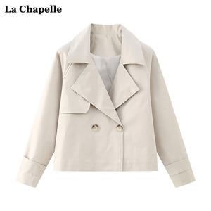 拉夏贝尔米色西装领短款风衣女款2024新款小个子设计感休闲外套