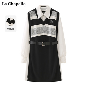 拉夏贝尔/La Chapelle条纹针织衬衫拼接假两件连衣裙学院风中长裙