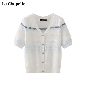 拉夏贝尔/La Chapelle白色V领提花短袖针织开衫女宽松别致上衣夏