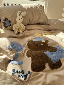水洗棉毛巾刺绣安睡熊床上四件套1.5m1.8米被套床单三件套少女心