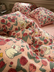 韩系可爱棉加绒花园小兔四件套A面全棉B面宝宝绒1.5m耐脏被套床单