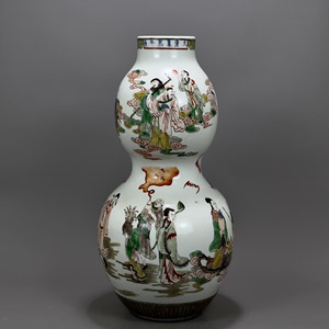 清康熙五彩八仙祝寿人物纹葫芦瓶古董古玩瓷器收藏