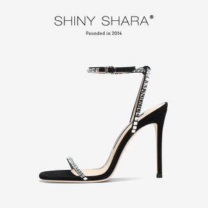 Shiny Shara/诗莎2024年新款夏季新品黑色一字带露趾细高跟凉鞋女