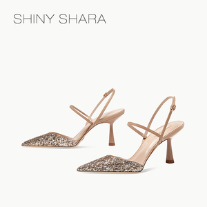 Shiny Shara/诗莎春夏新款裸色漆皮亮片细高跟凉鞋女包头单鞋小众